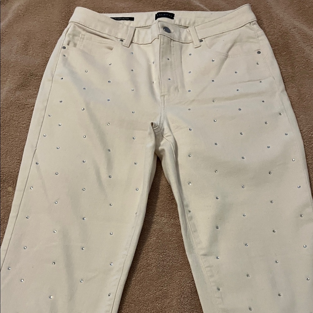 Talbots Cream Straight Leg Jeans with Stud Accents